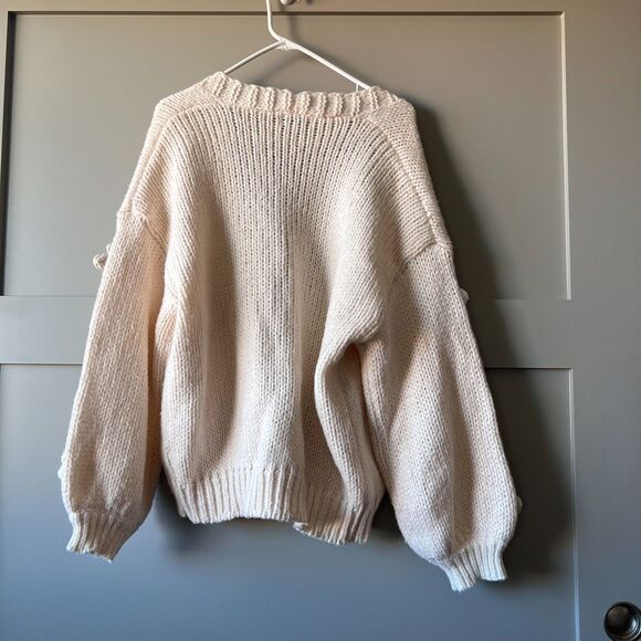 She + Sky 3D Flower Cardigan Sweater Medium Beige Chunky Knit Cottagecore Floral - Picture 5 of 10